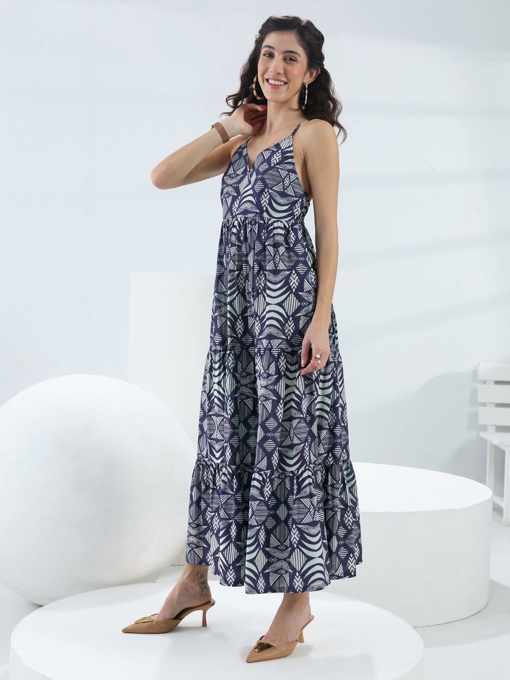 Libas Blue Abstract Printed Cotton Fit-And-Flare One-Piece Tiered Dress