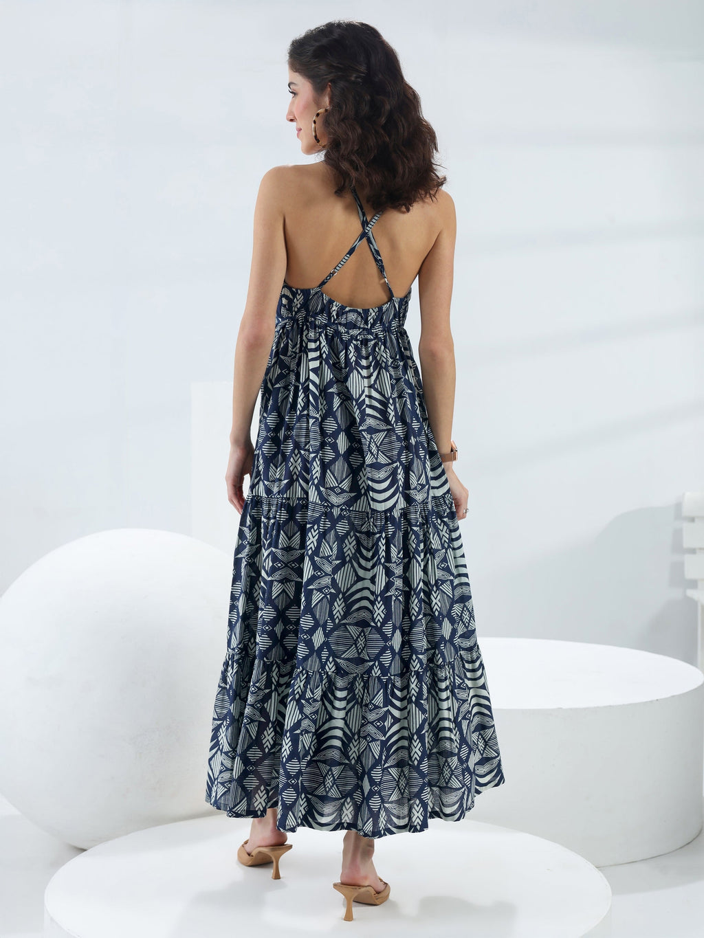 Libas Blue Abstract Printed Cotton Fit-And-Flare One-Piece Tiered Dress