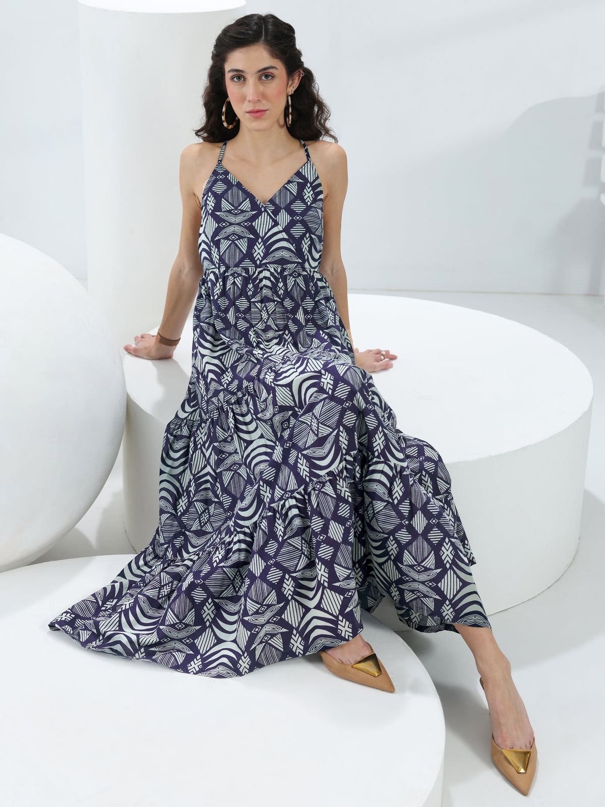 Libas Blue Abstract Printed Cotton Fit-And-Flare One-Piece Tiered Dress