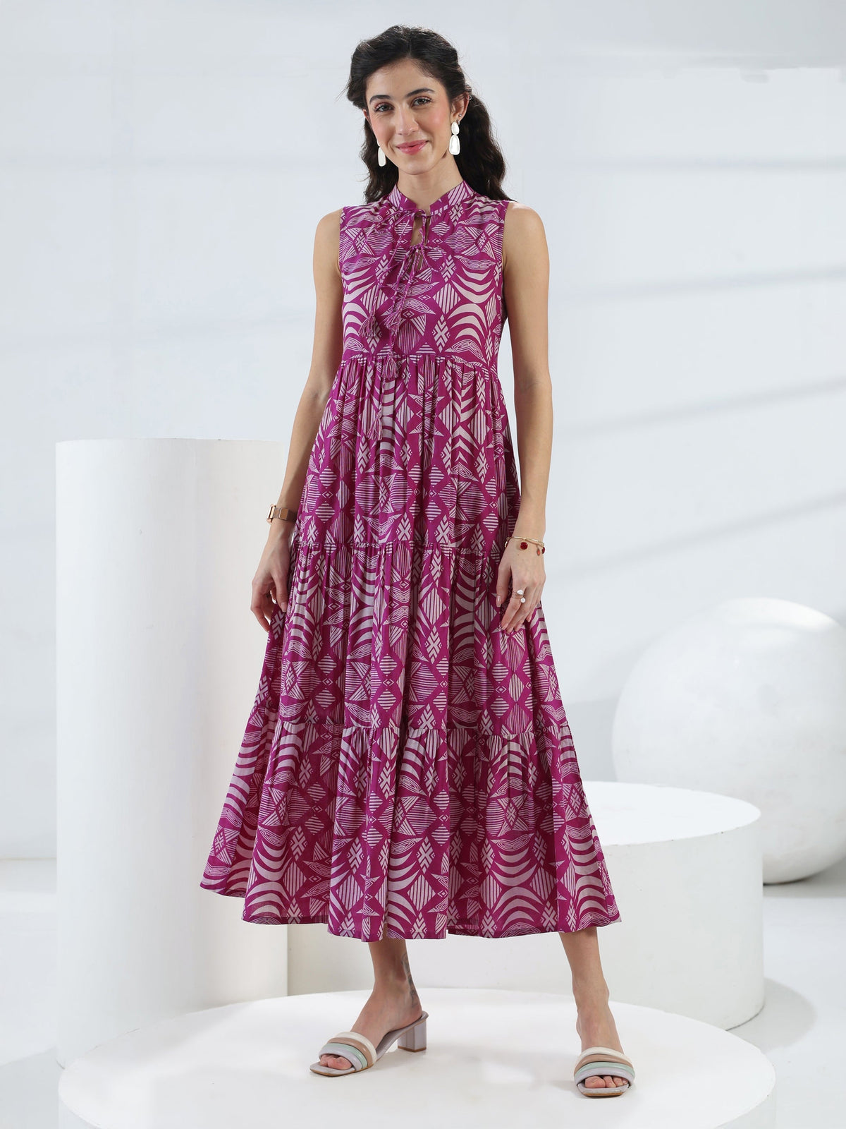 Libas Pink Abstract Printed Cotton Fit-And-Flare One-Piece Tiered Dress