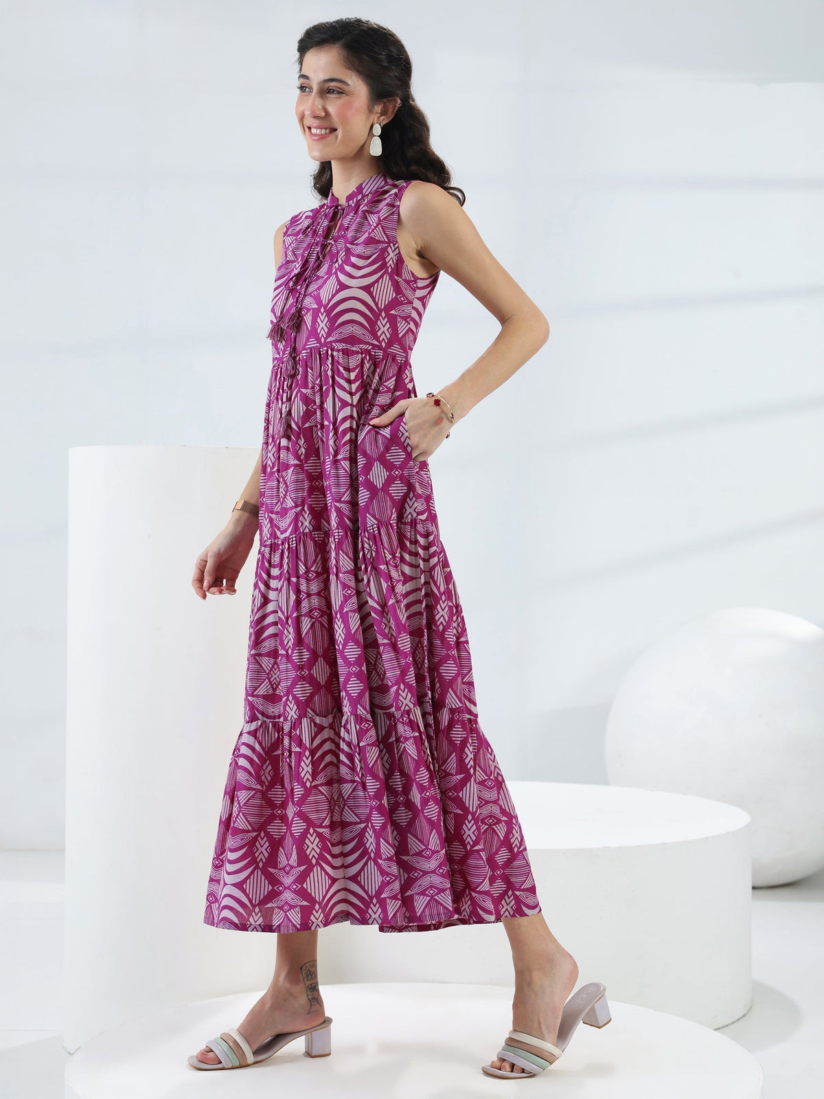 Libas Pink Abstract Printed Cotton Fit-And-Flare One-Piece Tiered Dress