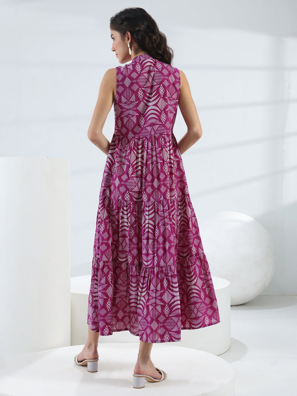 Libas Pink Abstract Printed Cotton Fit-And-Flare One-Piece Tiered Dress