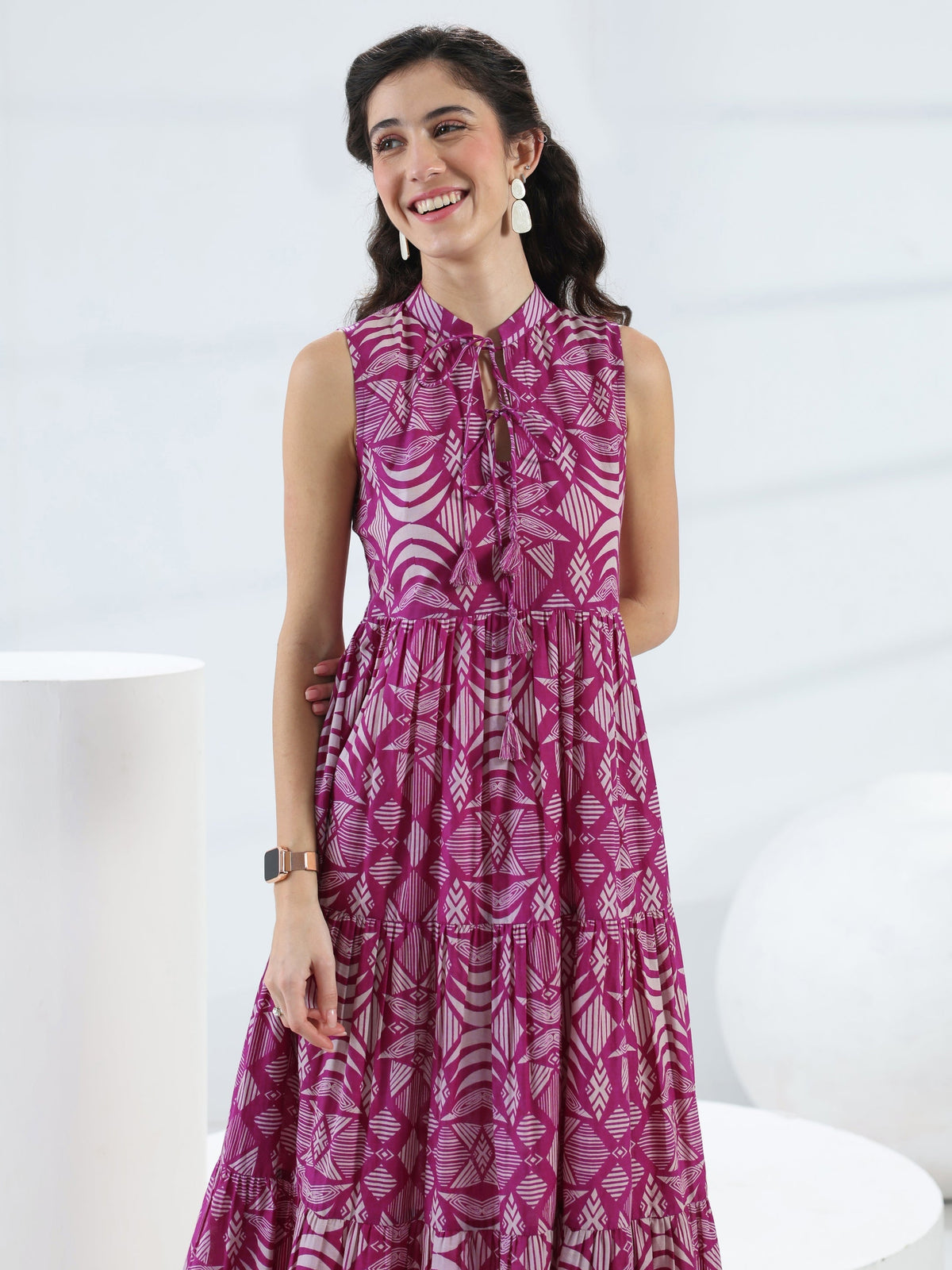 Libas Pink Abstract Printed Cotton Fit-And-Flare One-Piece Tiered Dress