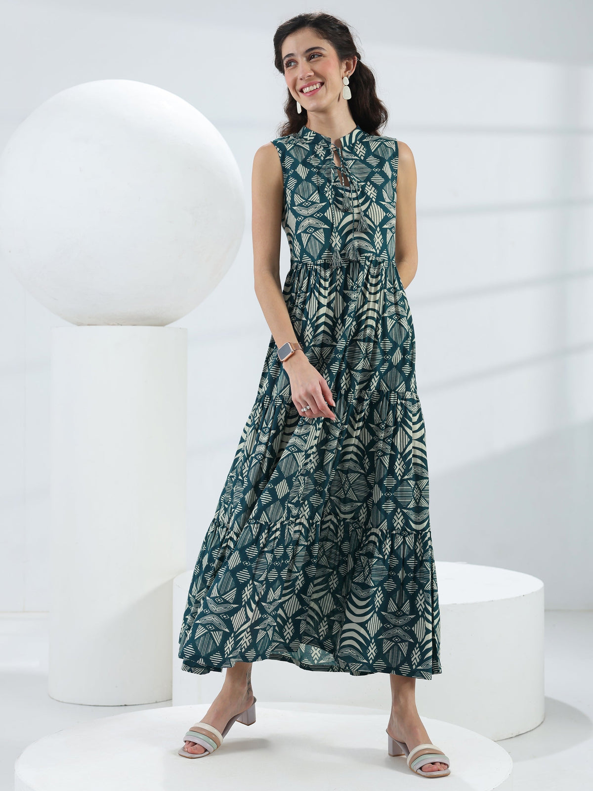 Libas Blue Abstract Printed Cotton Fit-And-Flare One-Piece Tiered Dress
