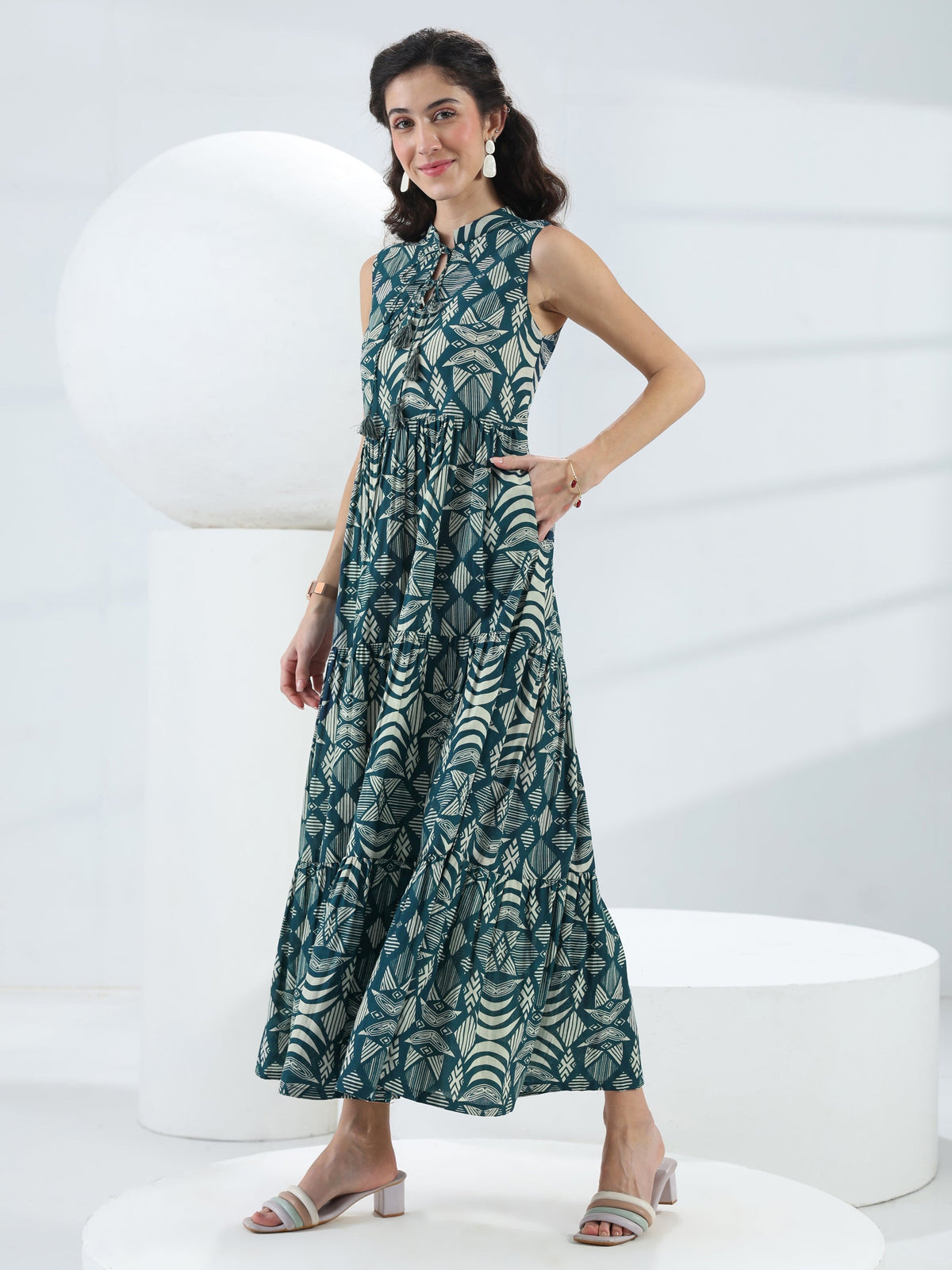 Libas Blue Abstract Printed Cotton Fit-And-Flare One-Piece Tiered Dress