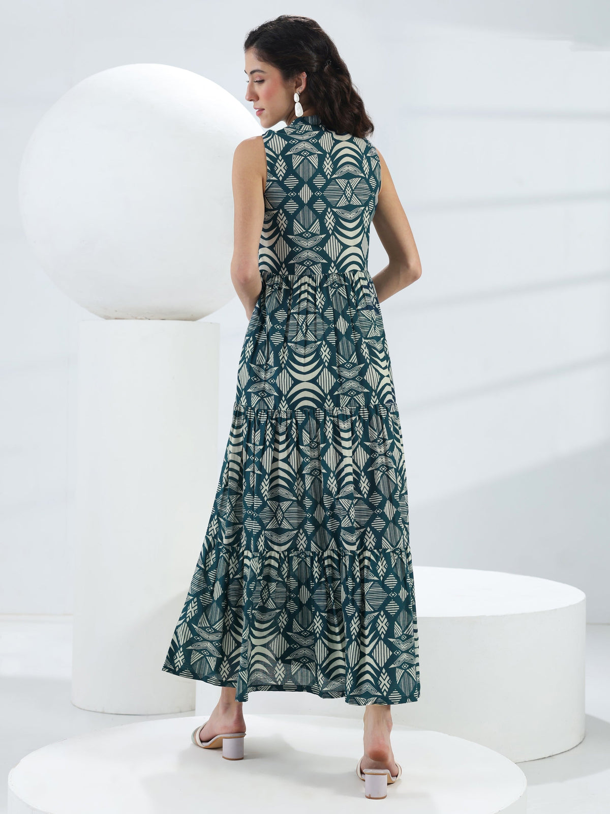Libas Blue Abstract Printed Cotton Fit-And-Flare One-Piece Tiered Dress