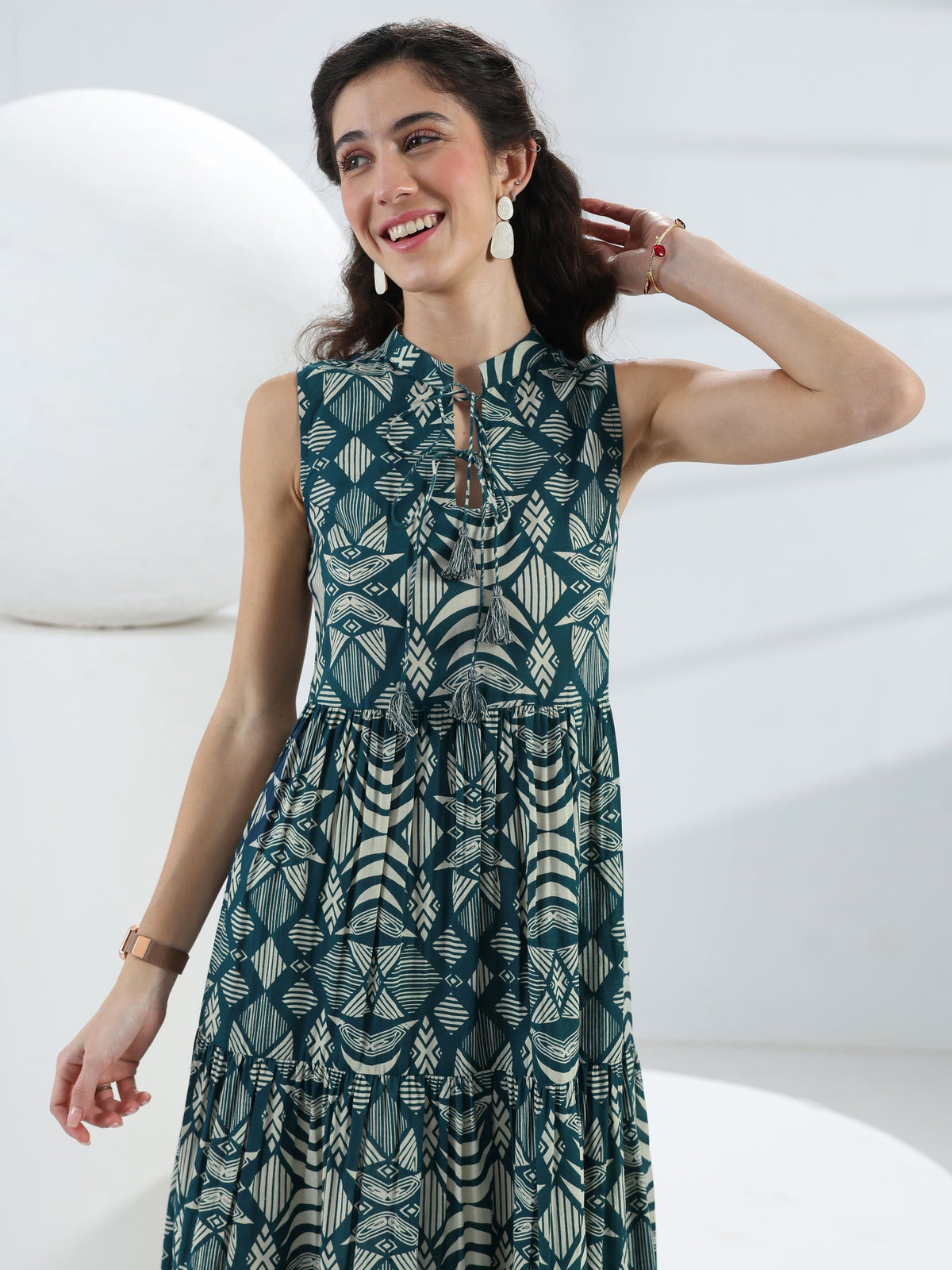 Libas Blue Abstract Printed Cotton Fit-And-Flare One-Piece Tiered Dress