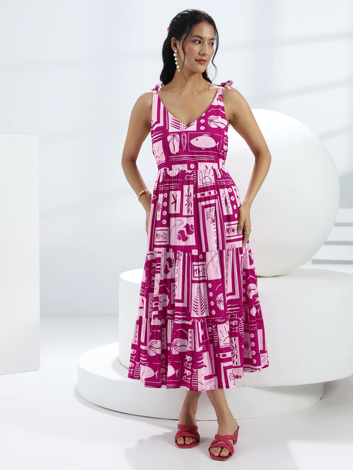 Libas Pink Abstract Printed Cotton A-Line One-Piece Tiered Dress