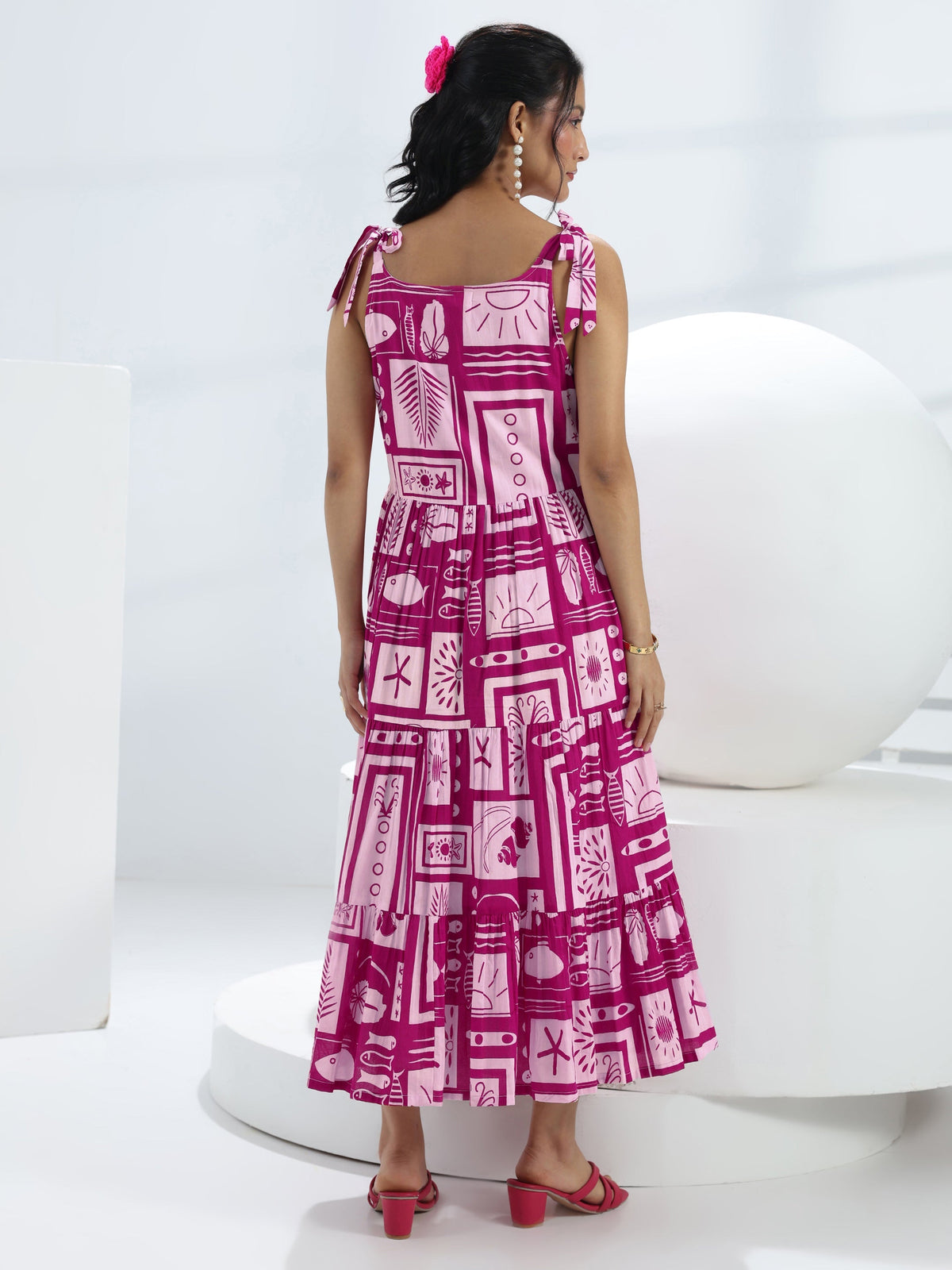 Libas Pink Abstract Printed Cotton A-Line One-Piece Tiered Dress