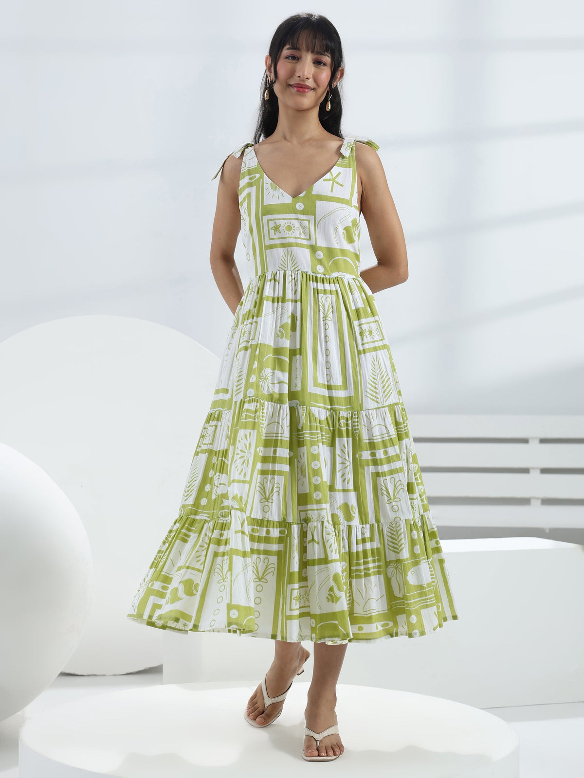 Libas Green Abstract Printed Cotton One-Piece Dress