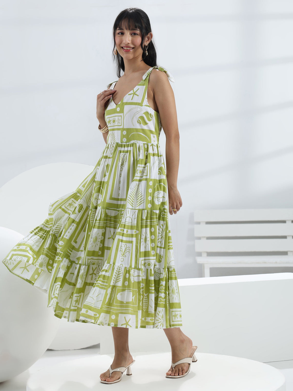 Libas Green Abstract Printed Cotton One-Piece Dress