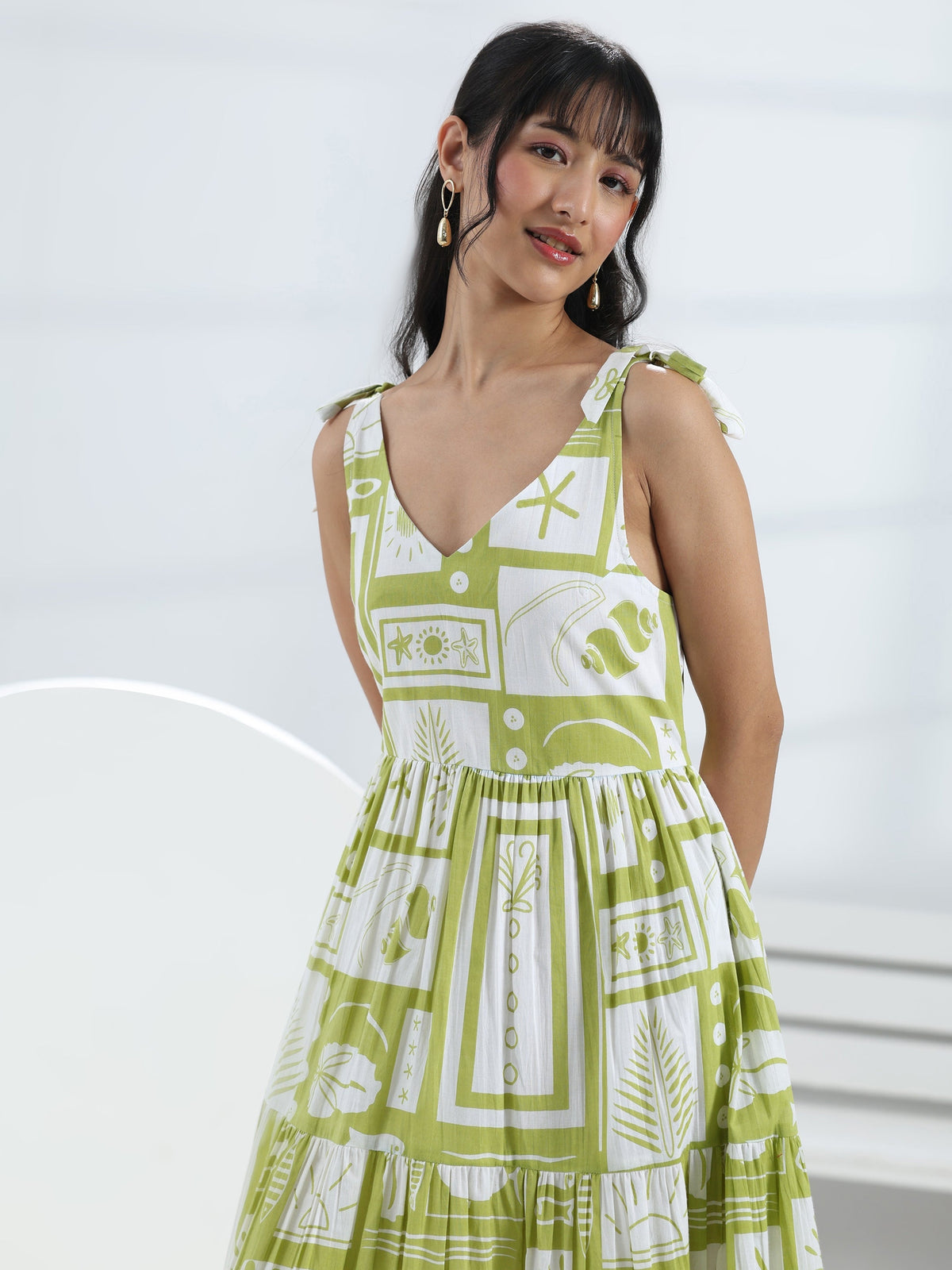 Libas Green Abstract Printed Cotton One-Piece Dress