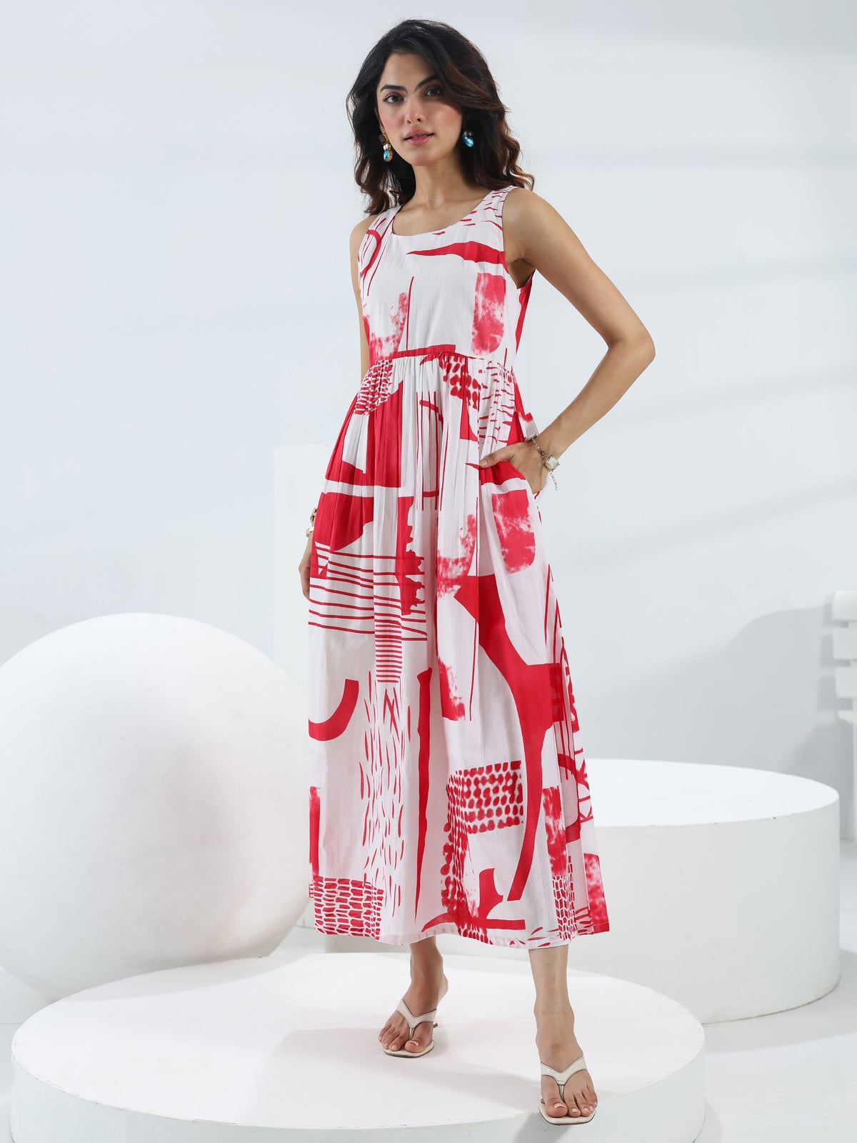 Libas Red Abstract Printed Cotton Fit And Flare One Piece Dress