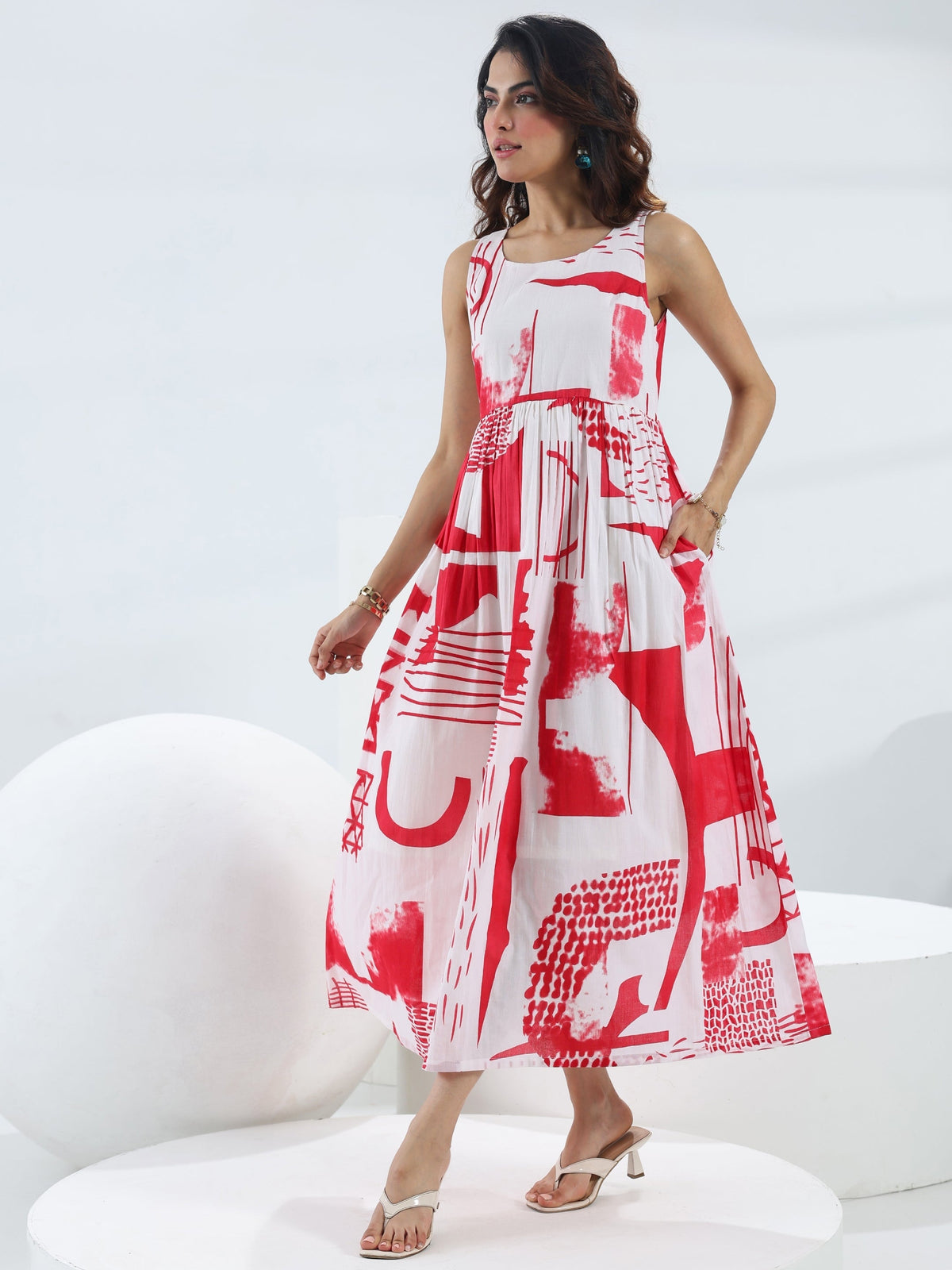 Libas Red Abstract Printed Cotton Fit And Flare One Piece Dress