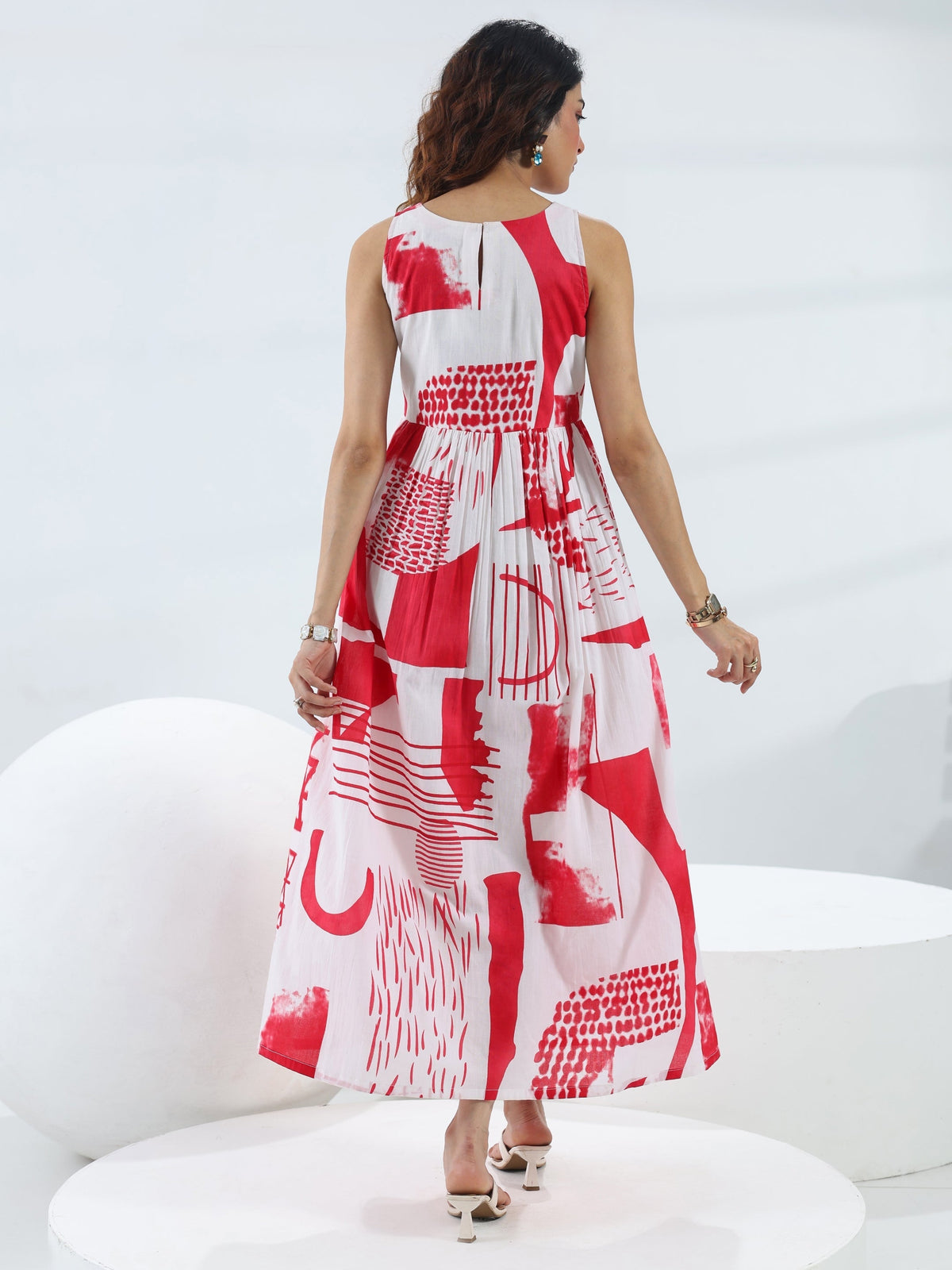 Libas Red Abstract Printed Cotton Fit And Flare One Piece Dress