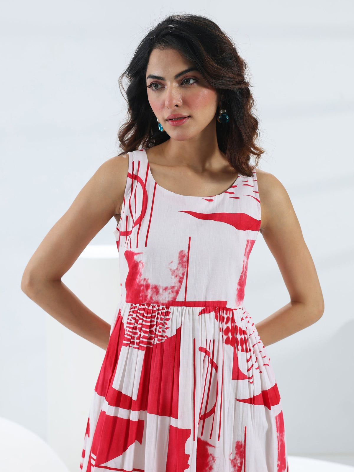 Libas Red Abstract Printed Cotton Fit And Flare One Piece Dress