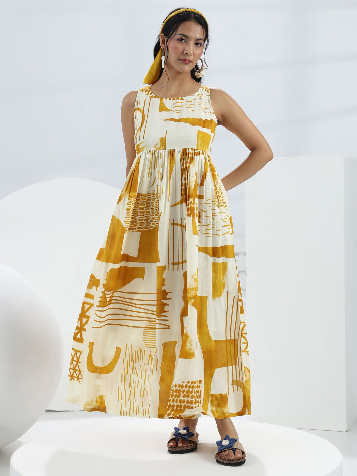 Libas Yellow Abstract Printed Cotton A-Line One-Piece Dress