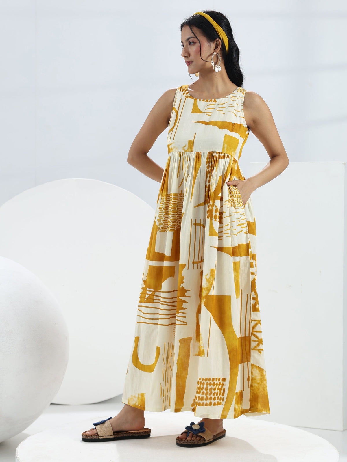 Libas Yellow Abstract Printed Cotton A-Line One-Piece Dress