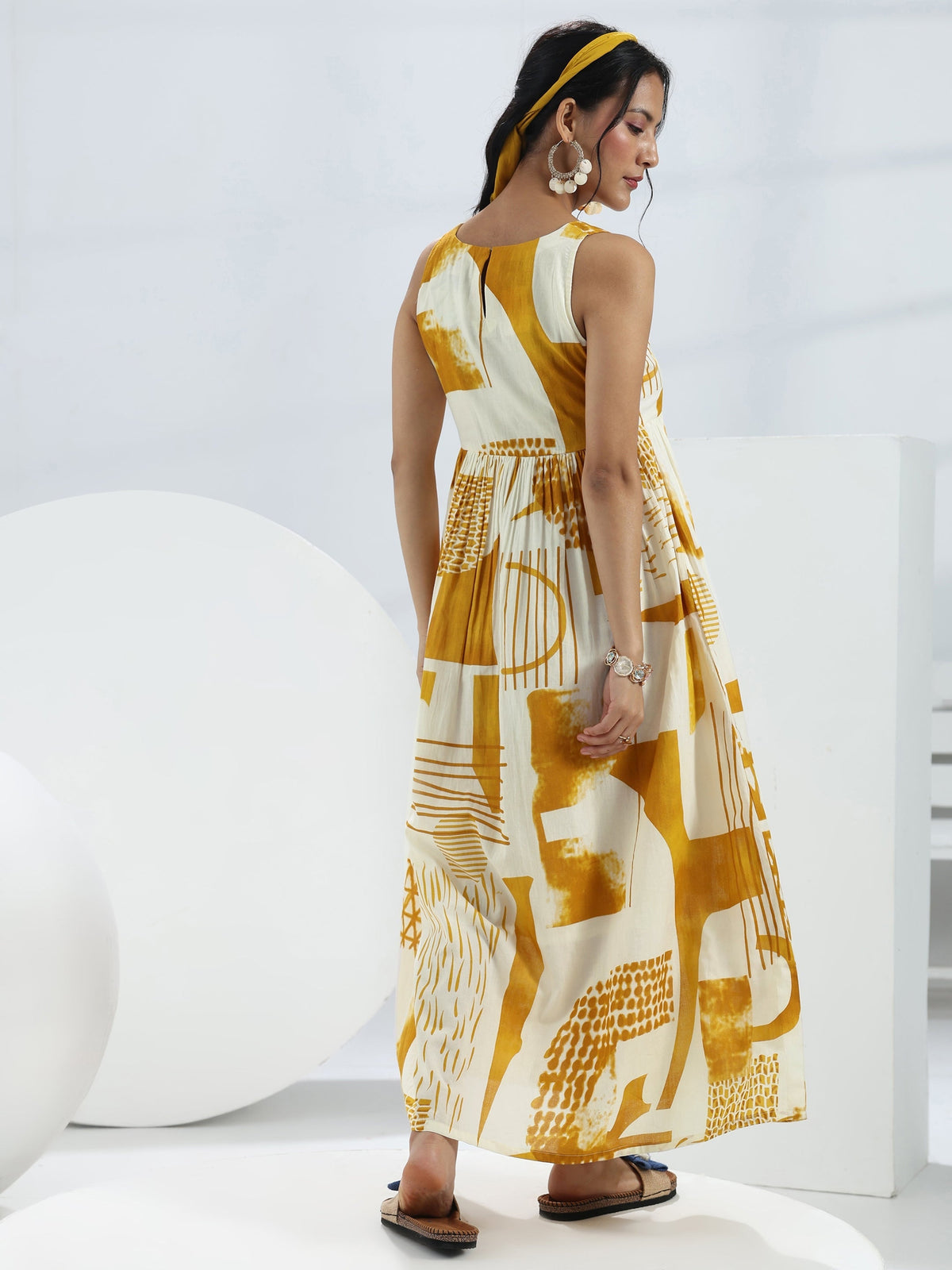 Libas Yellow Abstract Printed Cotton A-Line One-Piece Dress