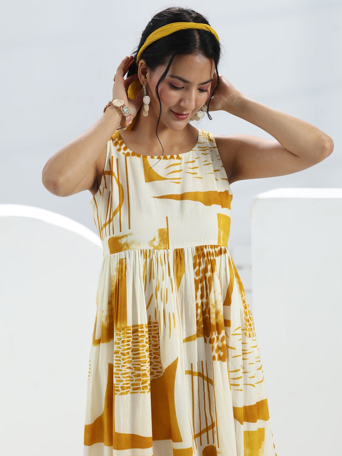 Libas Yellow Abstract Printed Cotton A-Line One-Piece Dress
