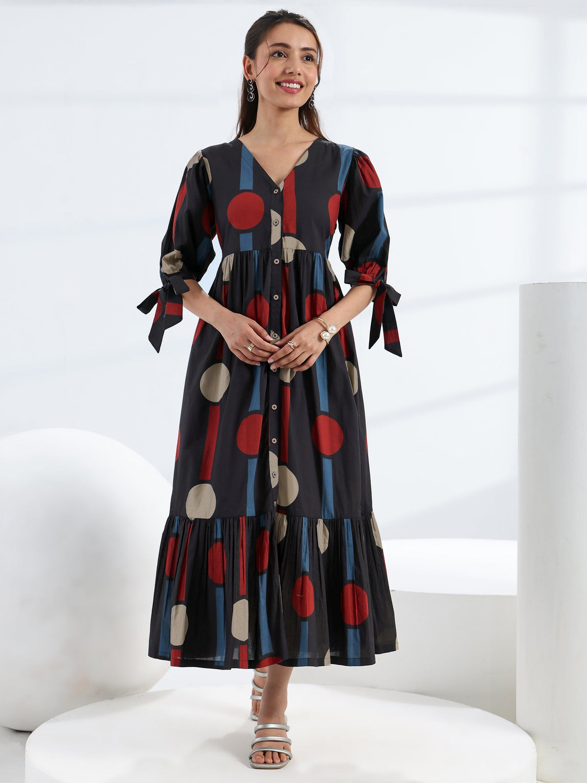 Libas Black Quirky Printed Cotton A-Line One Piece Dress