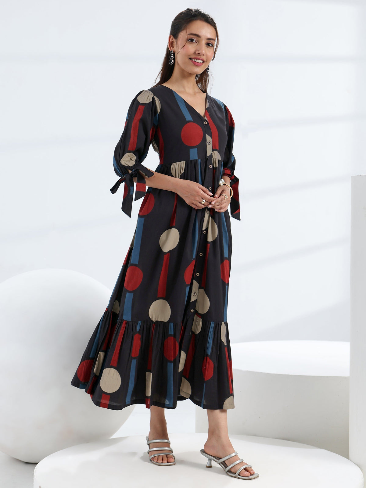 Libas Black Quirky Printed Cotton A-Line One Piece Dress