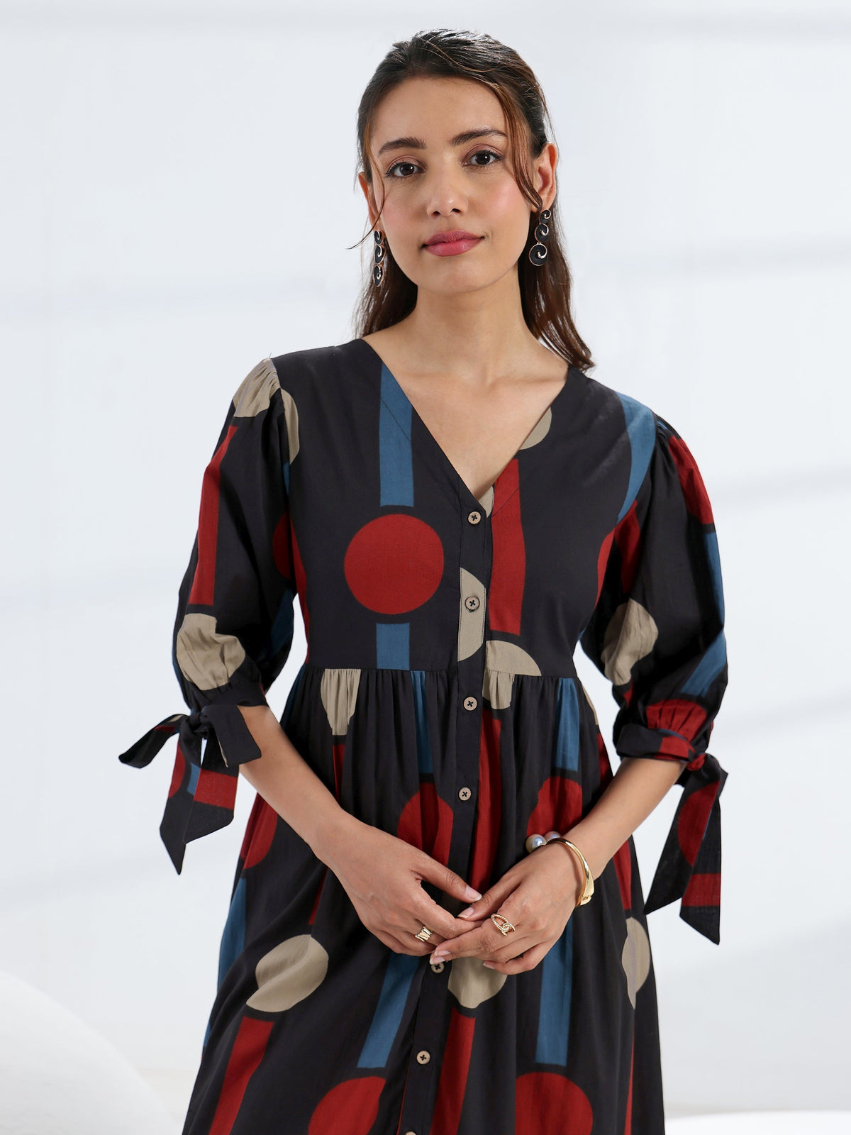 Libas Black Quirky Printed Cotton A-Line One Piece Dress