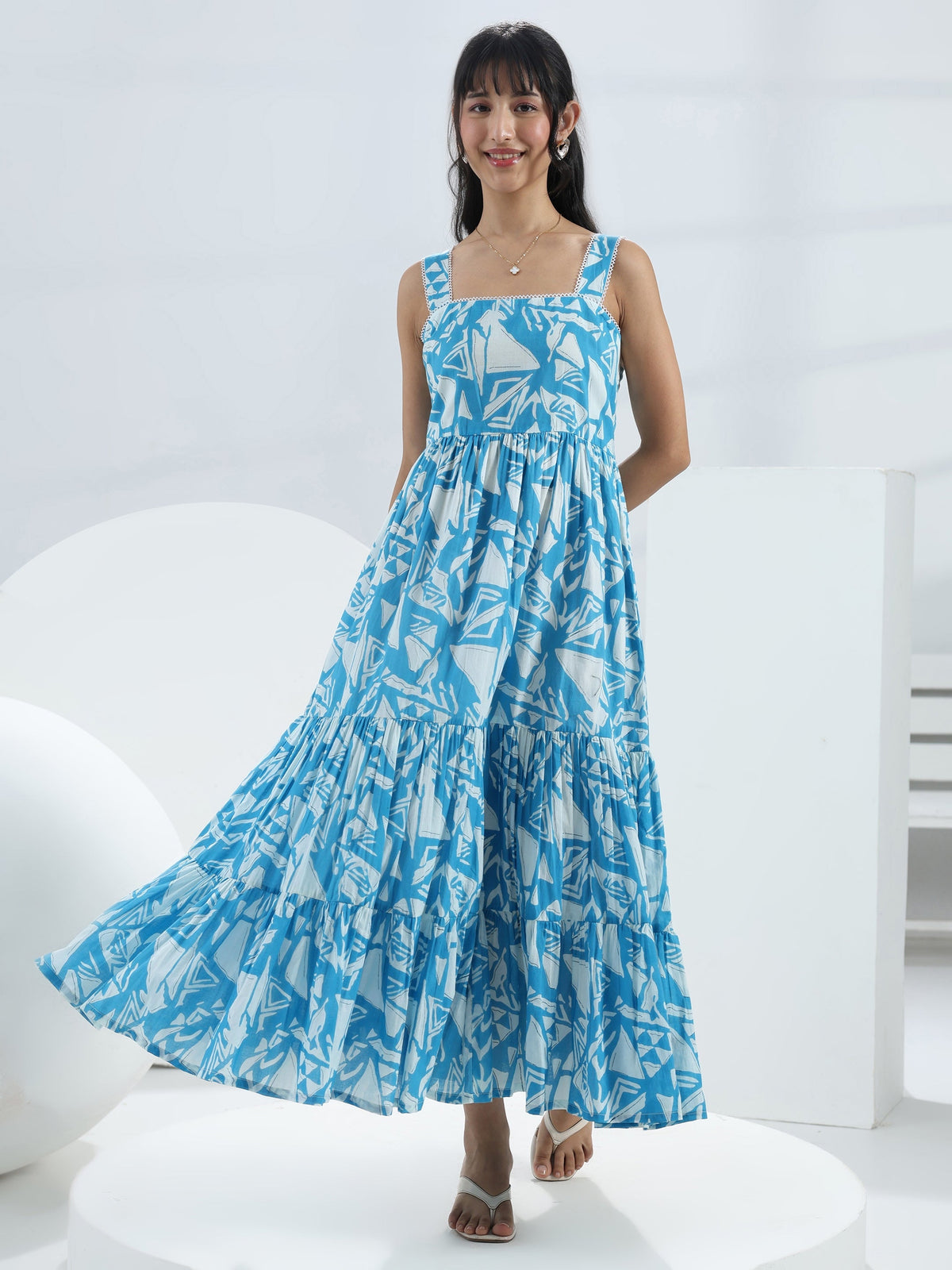 Libas Blue Abstract Printed Cotton One-Piece Tiered Dress