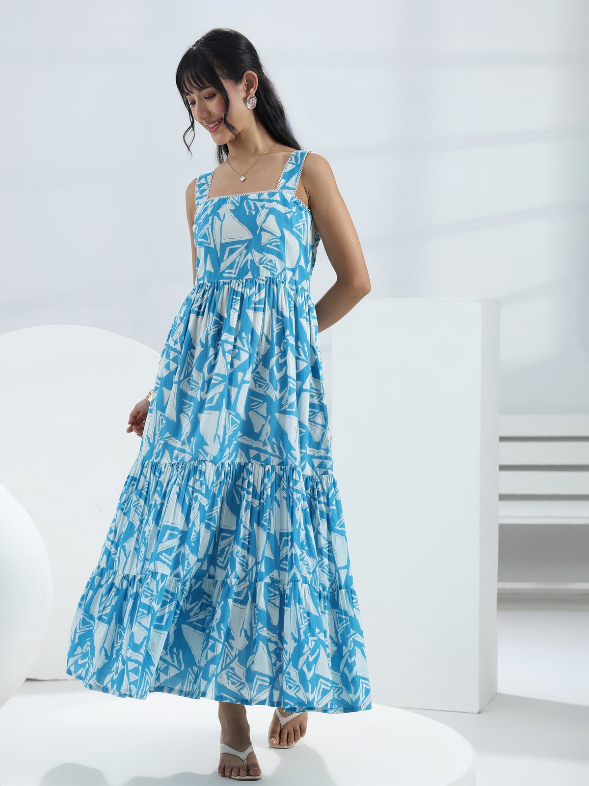 Libas Blue Abstract Printed Cotton One-Piece Tiered Dress