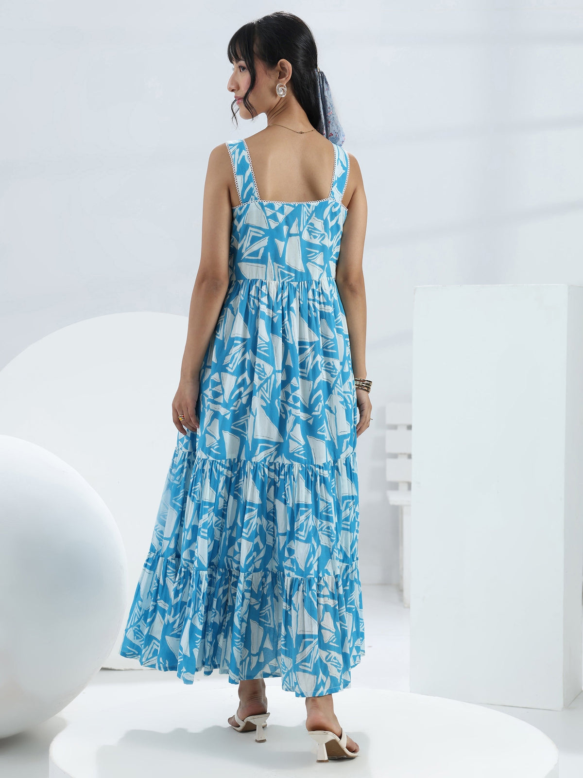 Libas Blue Abstract Printed Cotton One-Piece Tiered Dress