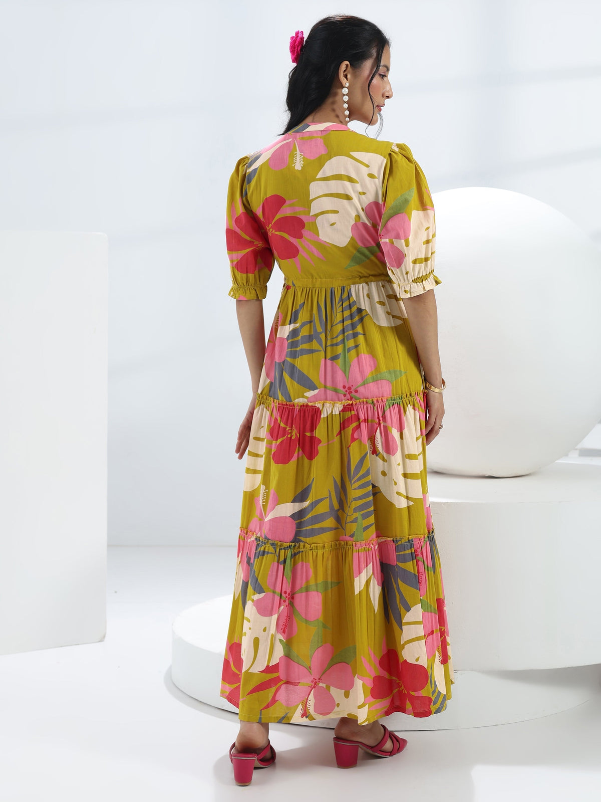Libas Yellow Floral Printed Cotton One-Piece Tiered Dress