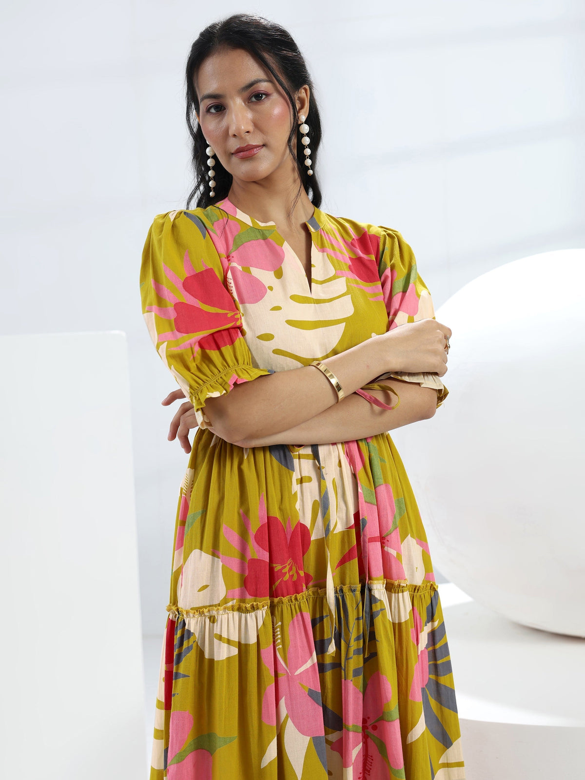 Libas Yellow Floral Printed Cotton One-Piece Tiered Dress
