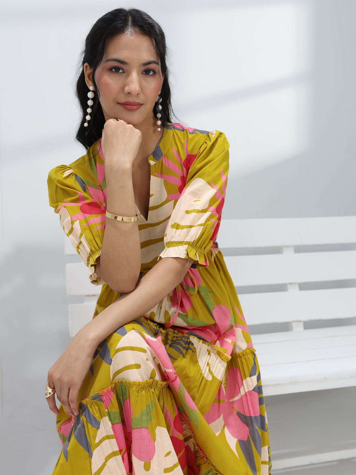 Libas Yellow Floral Printed Cotton One-Piece Tiered Dress