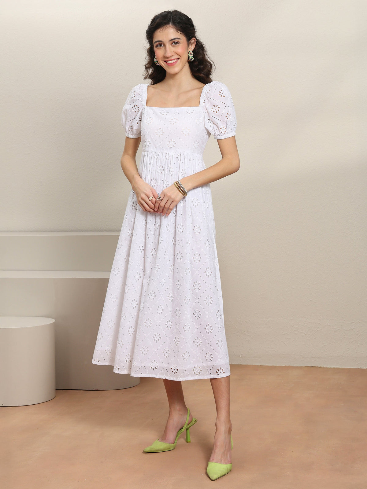 Libas White Schiffli Embroidered Cotton A-Line One-Piece Dress