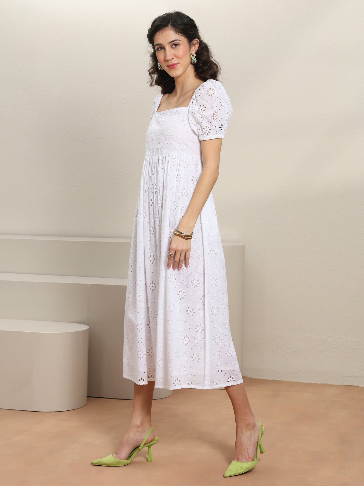 Libas White Schiffli Embroidered Cotton A-Line One-Piece Dress