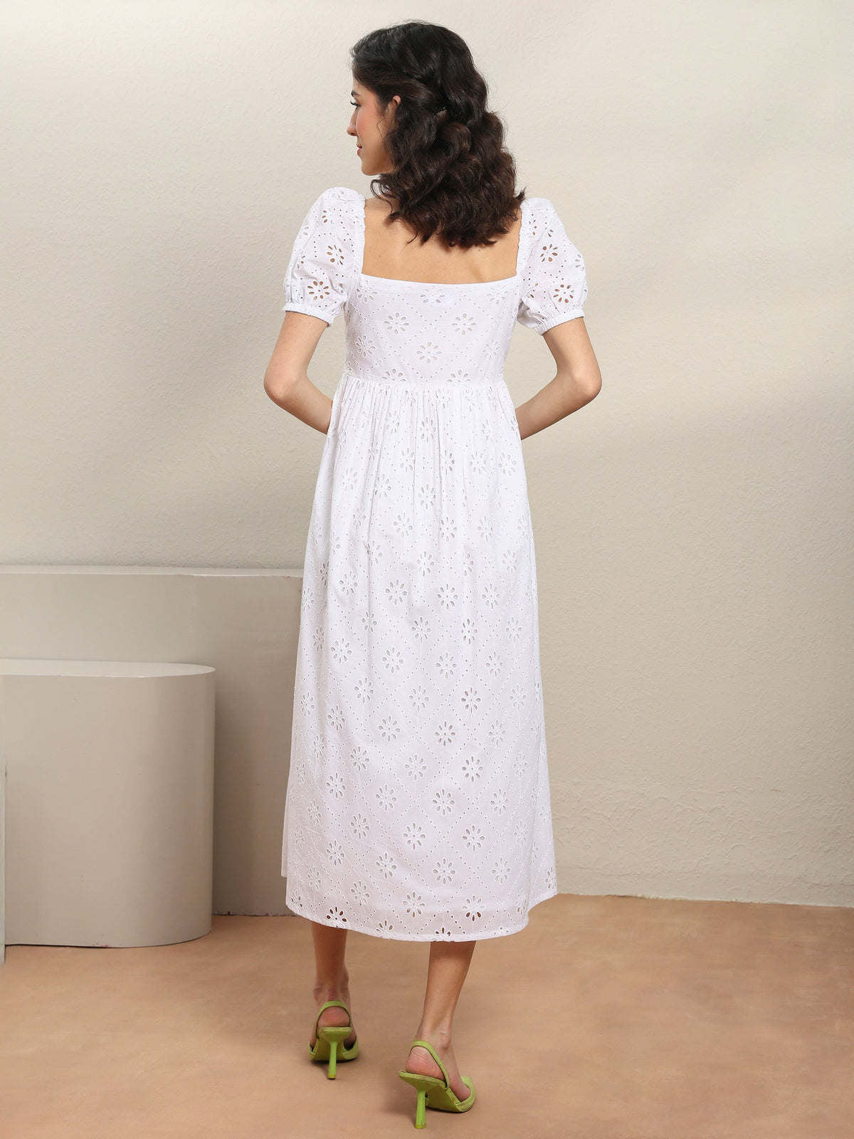 Libas White Schiffli Embroidered Cotton A-Line One-Piece Dress