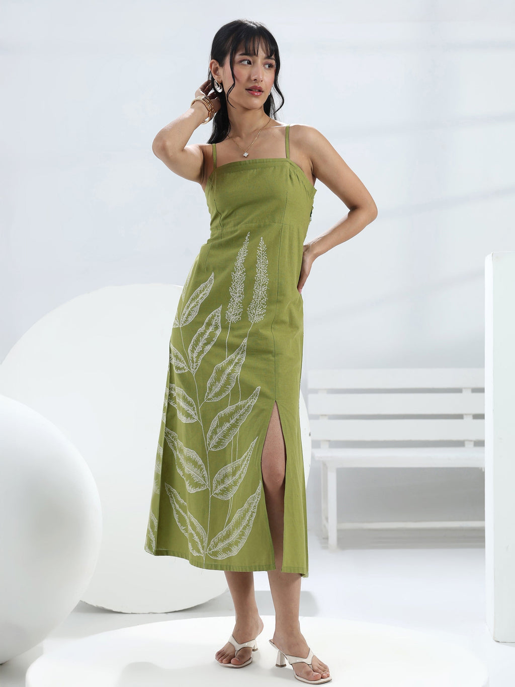 Libas Green Printed A-Line Cotton One-Piece Dress