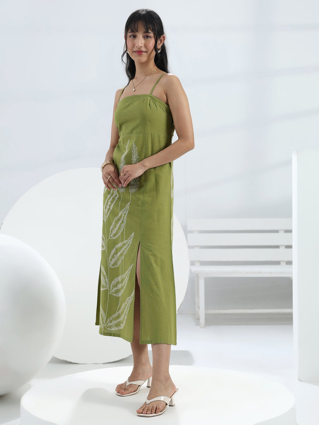 Libas Green Printed A-Line Cotton One-Piece Dress