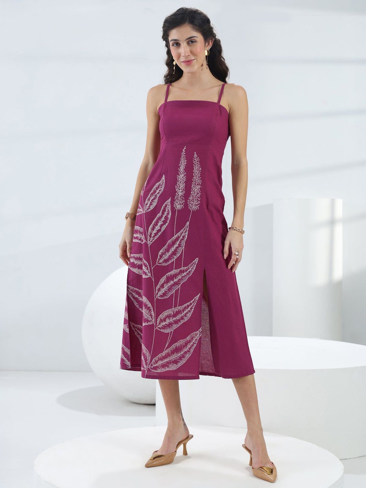 Libas Wine Tropical Printed Cotton A-Line One-Piece Dress