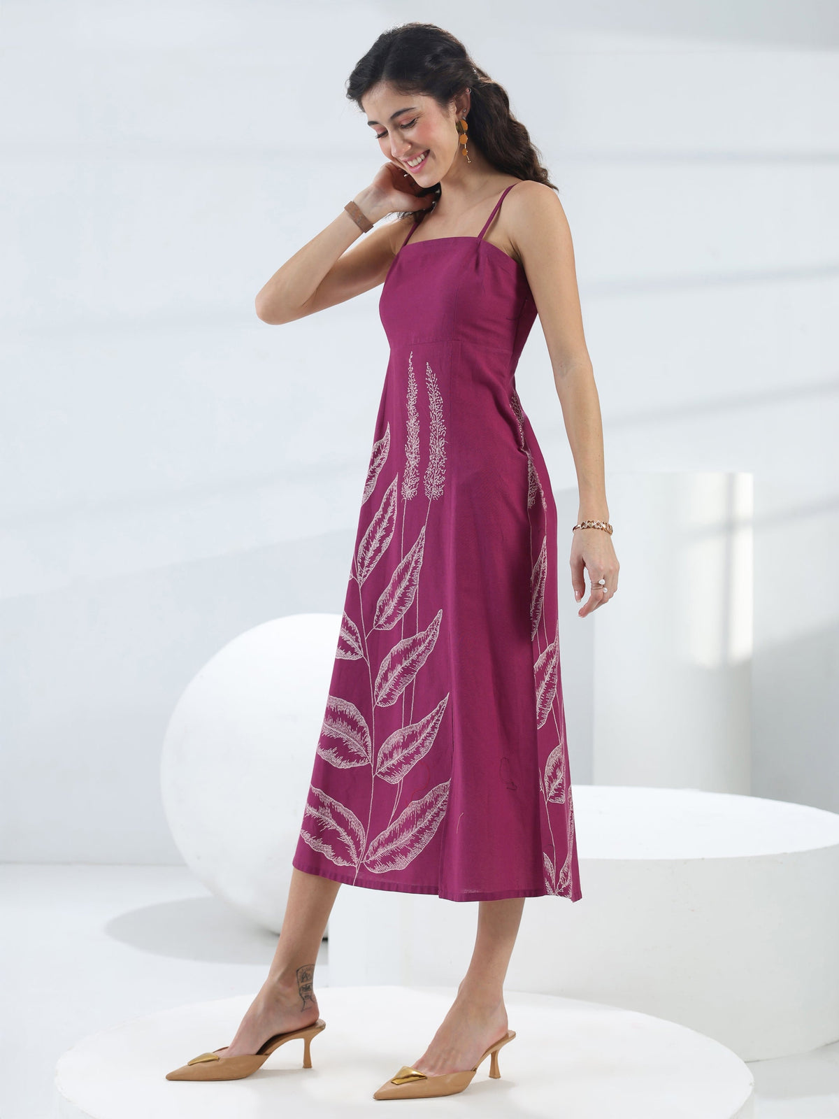 Libas Wine Tropical Printed Cotton A-Line One-Piece Dress