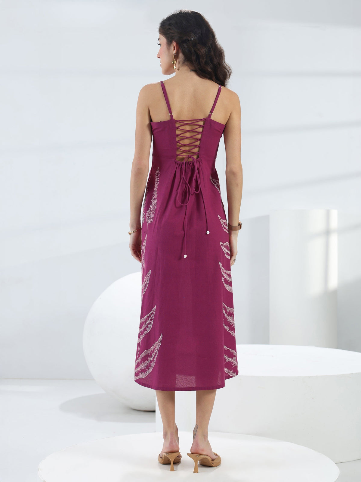 Libas Wine Tropical Printed Cotton A-Line One-Piece Dress