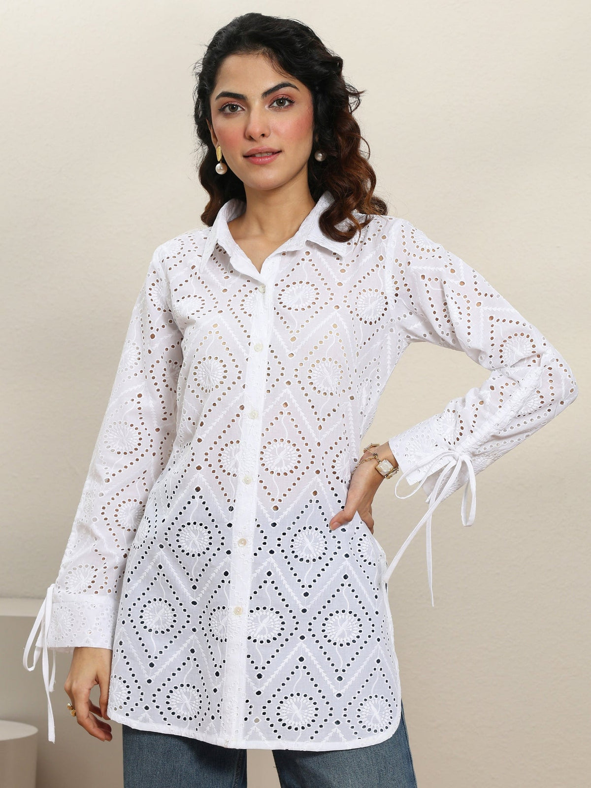 Libas White Self Design Cotton Shirt K60