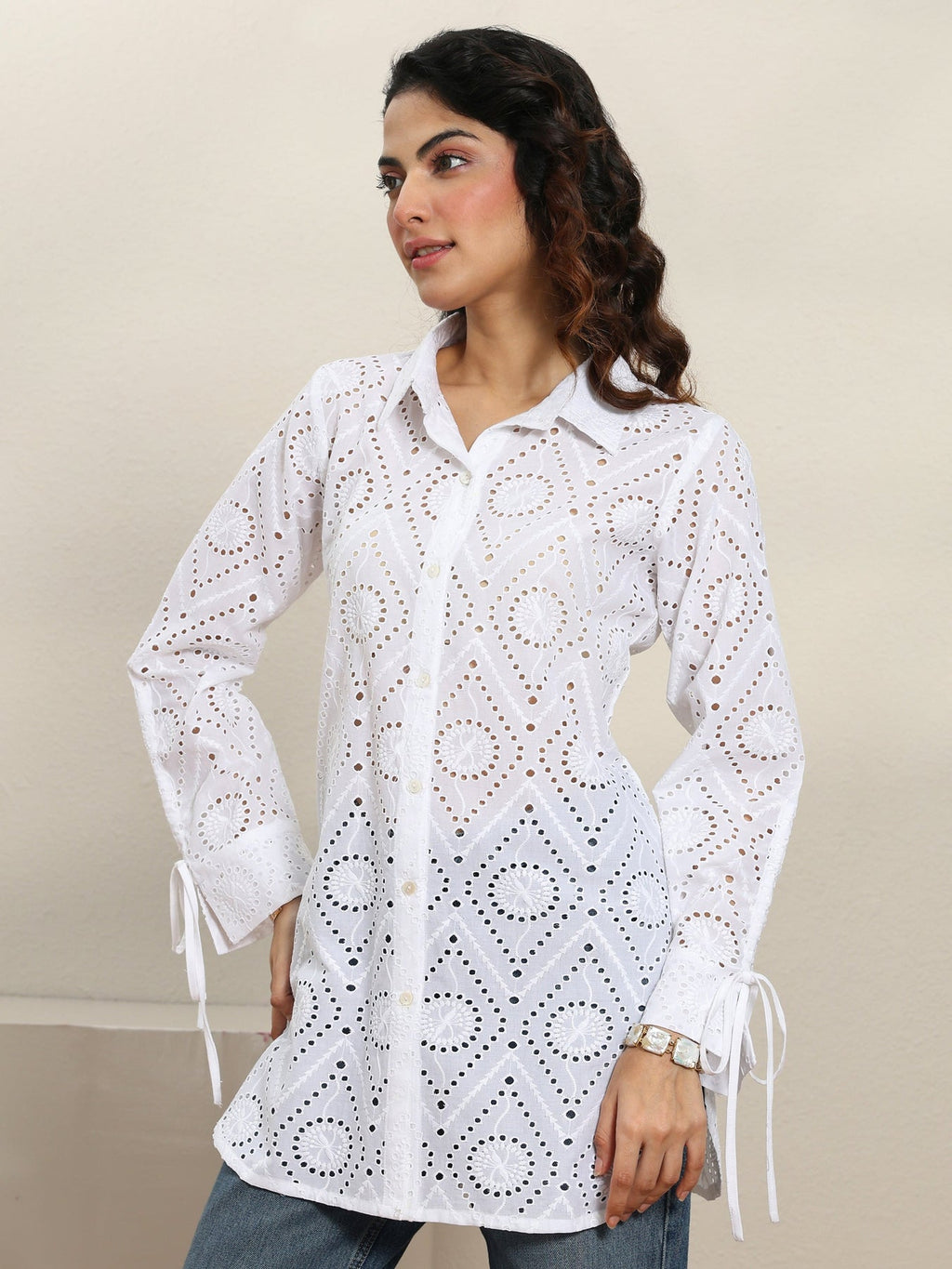 Libas White Self Design Cotton Shirt K60