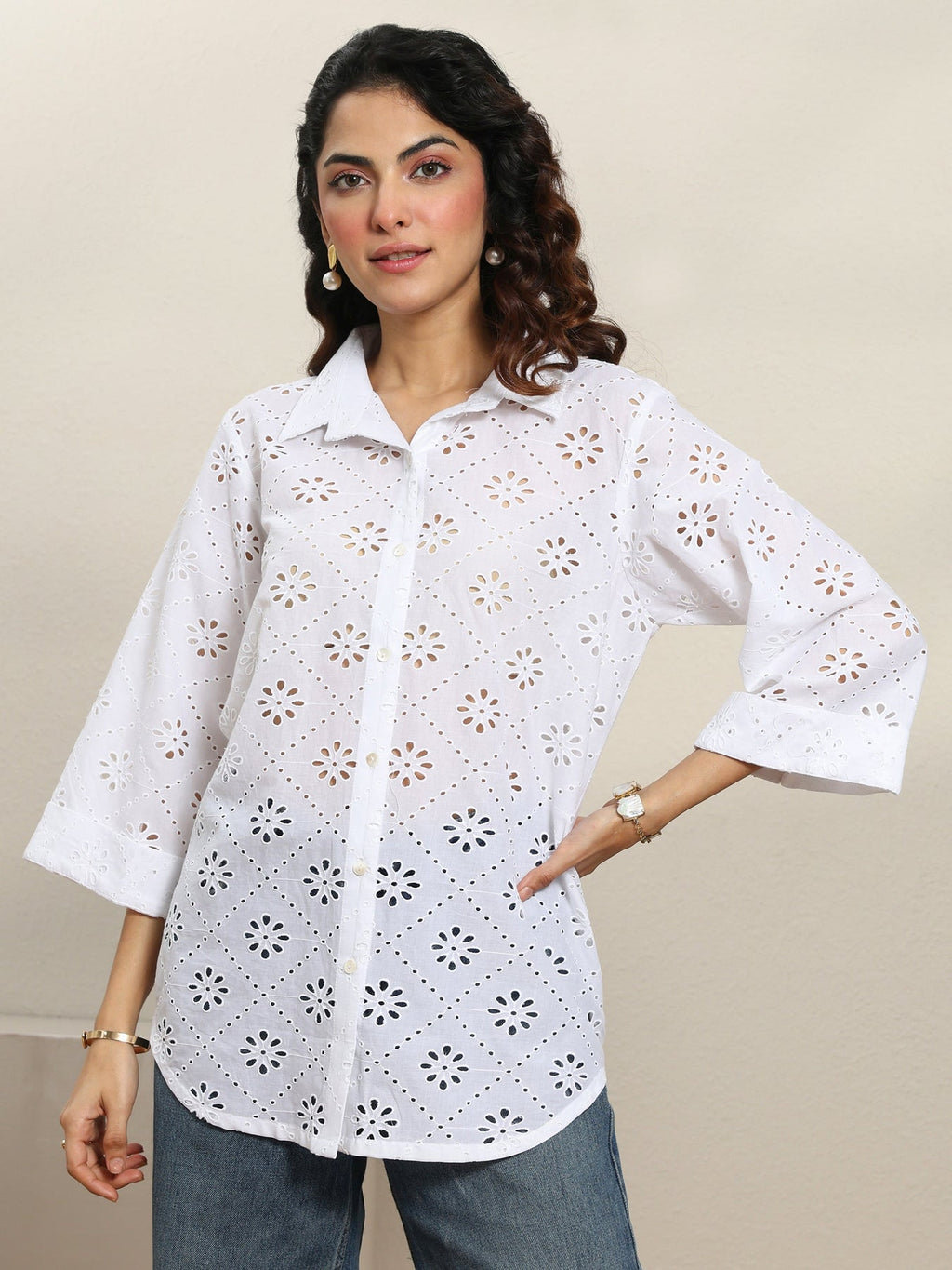 Libas White Self Design Cotton Shirt K60