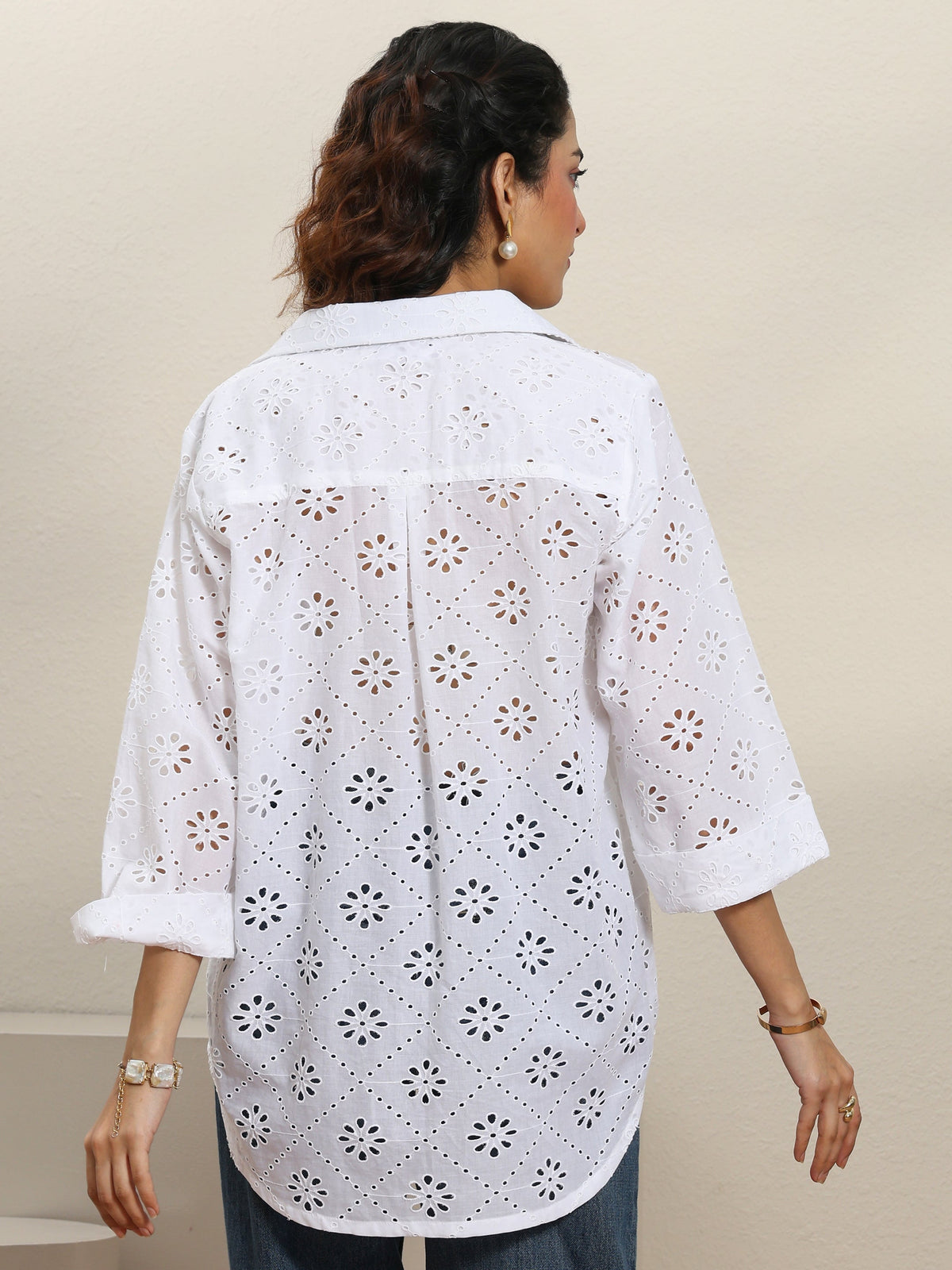 Libas White Self Design Cotton Shirt