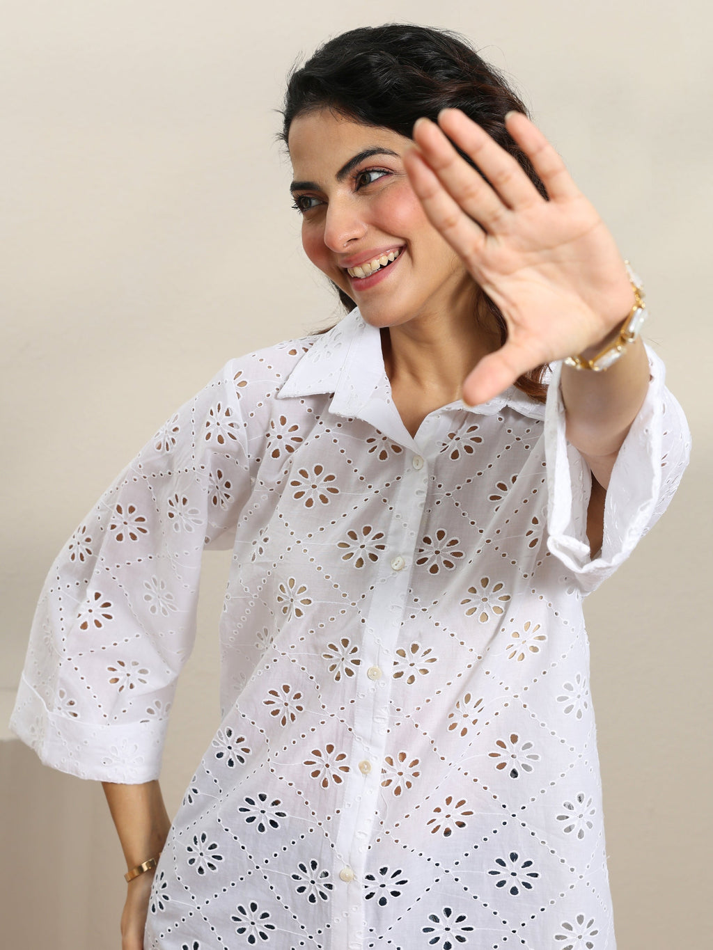 Libas White Self Design Cotton Shirt