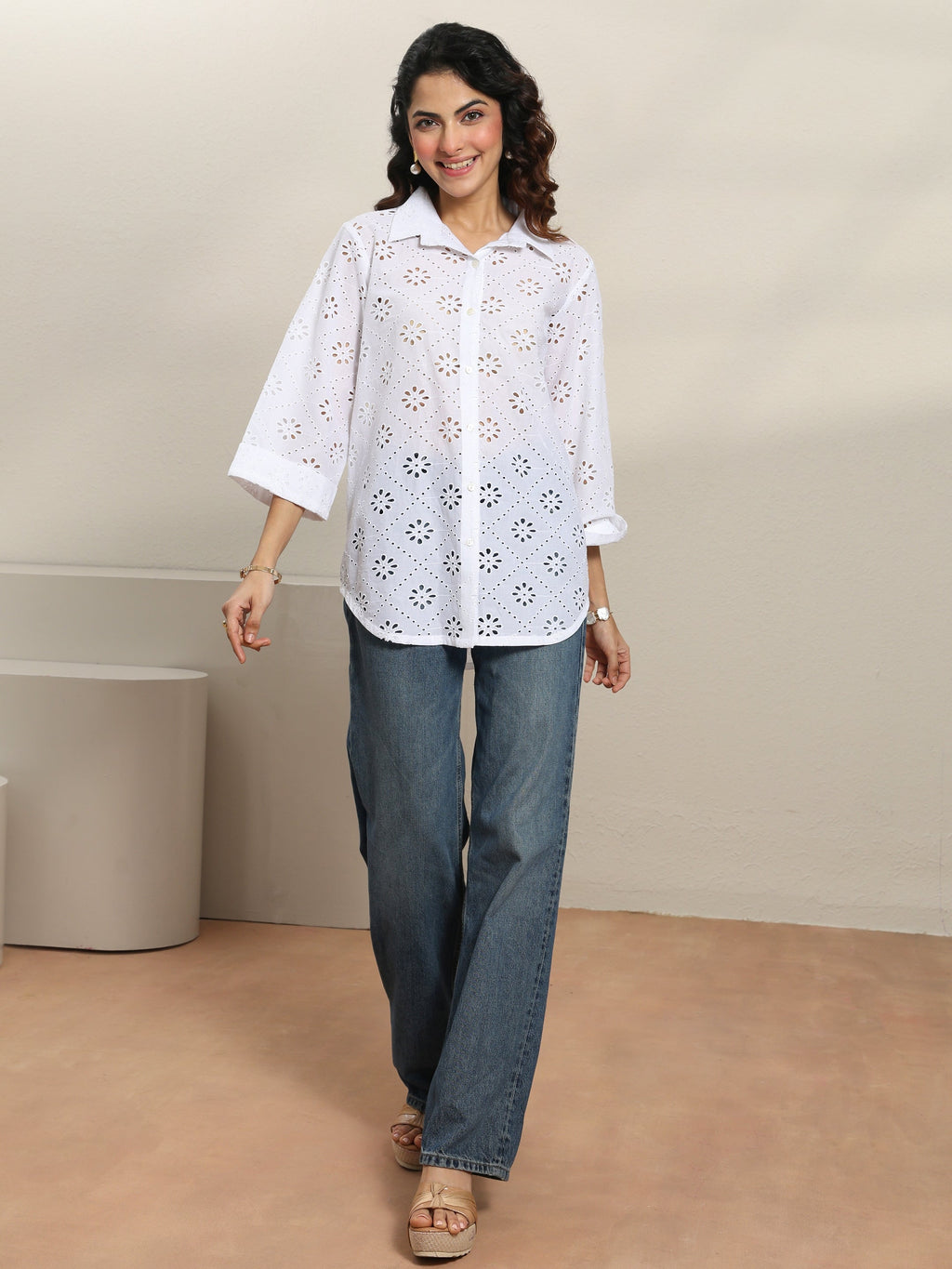Libas White Self Design Cotton Shirt