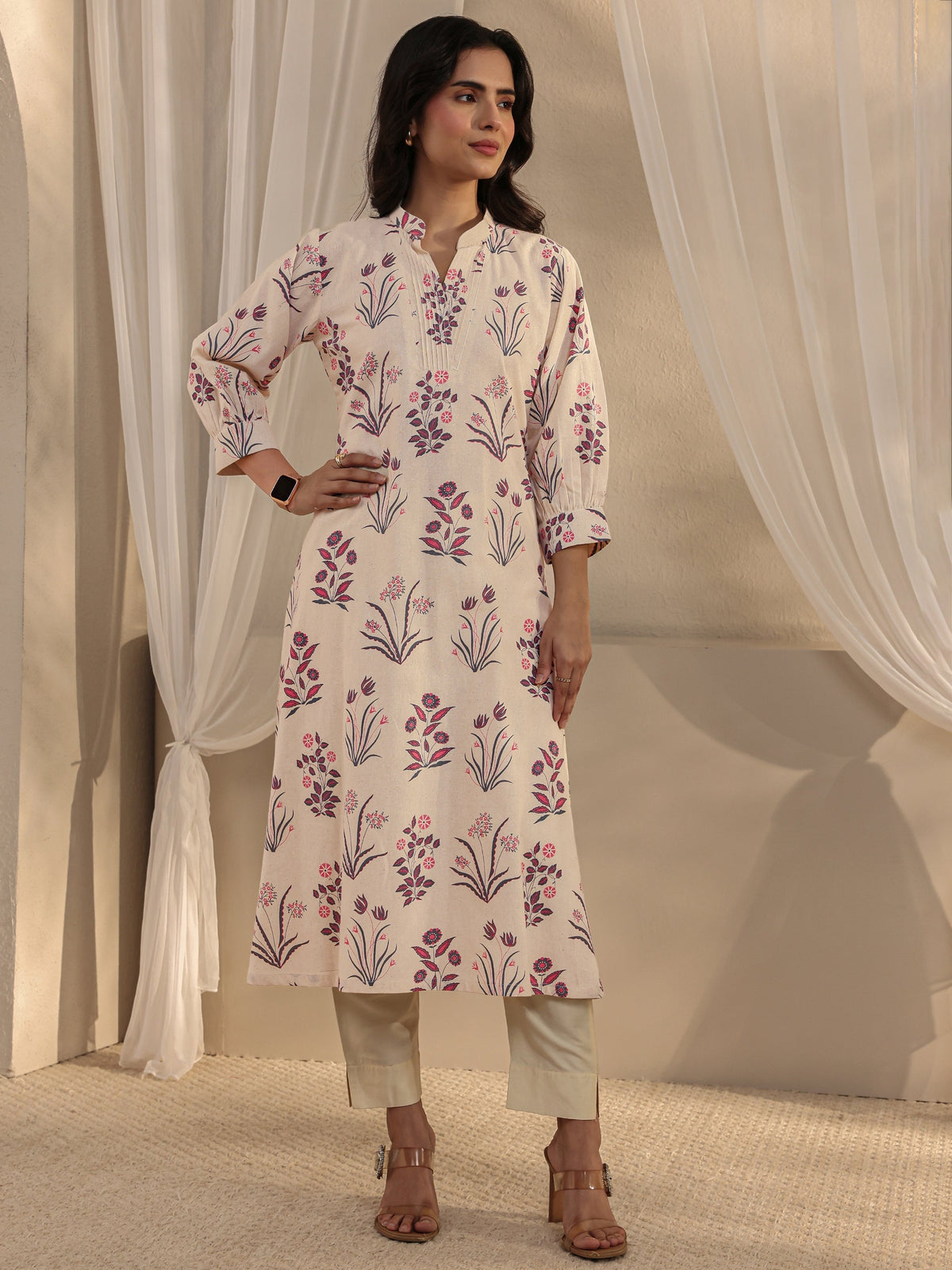 Libas Off White Floral Printed Cotton A-Line Kurta