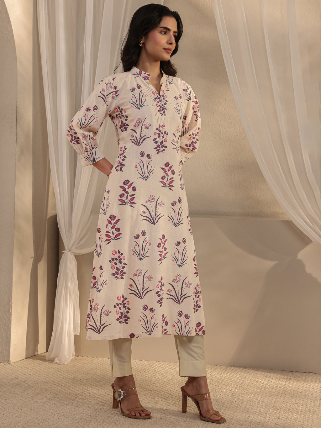 Libas Off White Floral Printed Cotton A-Line Kurta