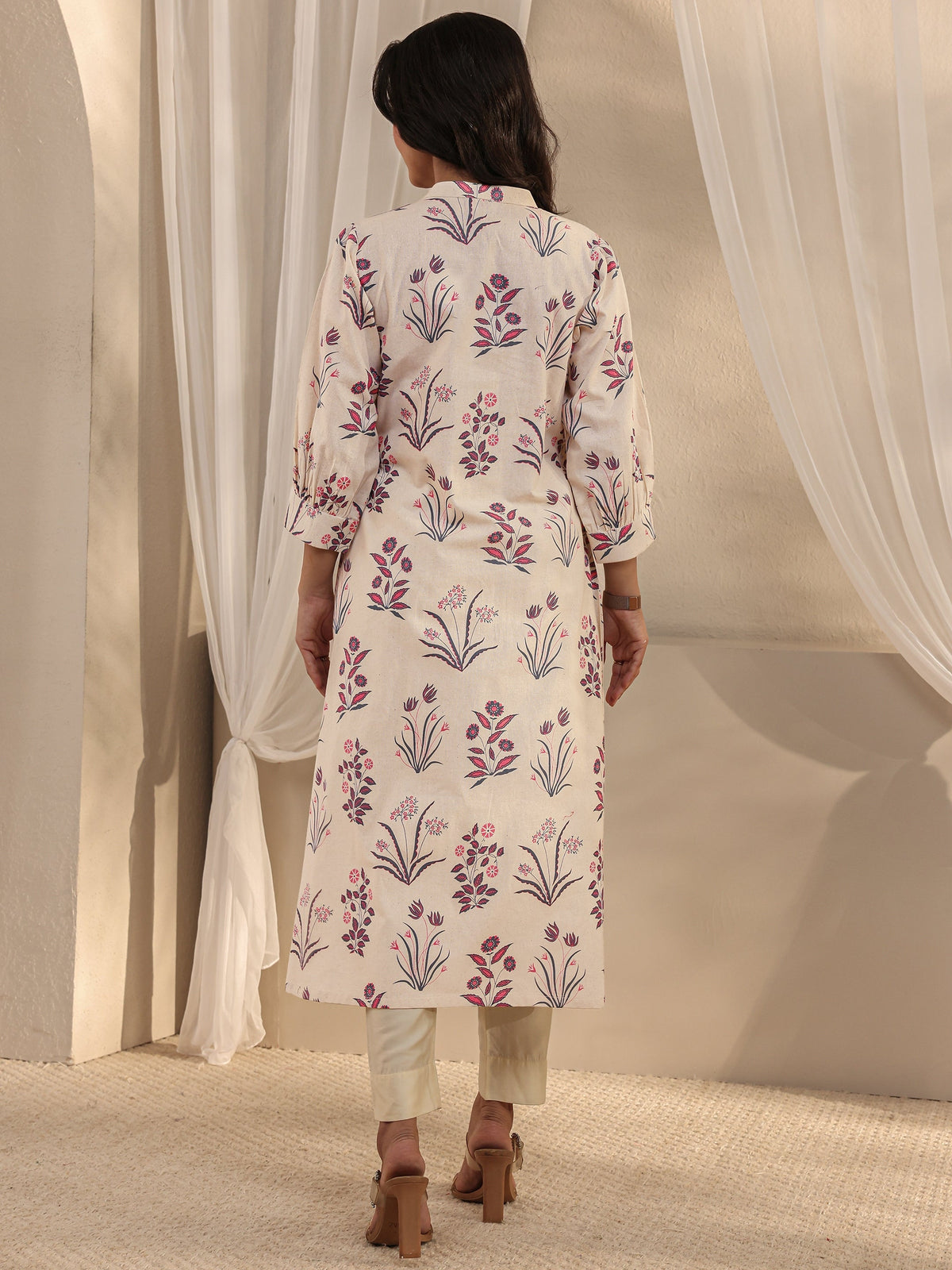 Libas Off White Floral Printed Cotton A-Line Kurta